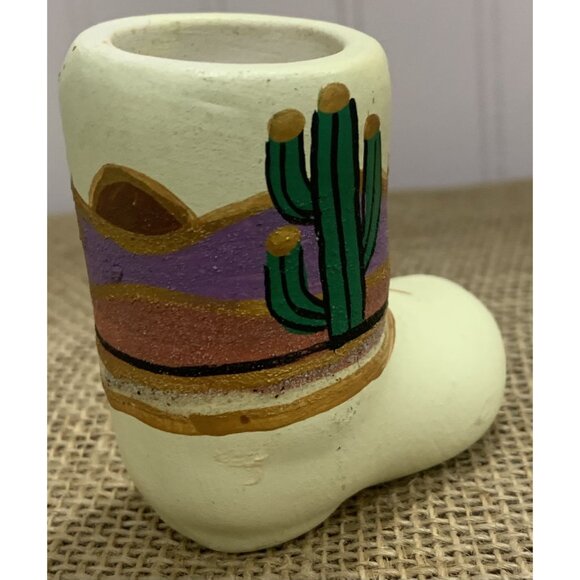 Vintage Southwestern Boot-Shaped Clay Vase With Cactus Desert Motif - Picture 3 of 7
